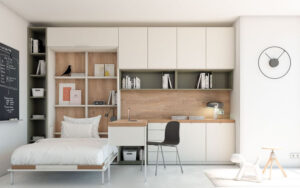 Habitación juvenil camas plegables zona estudio